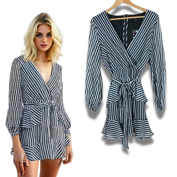 MATERIAL GIRL Striped V-Neck Ruffled Chiffon Dress NWT Large - Picture 1 of 10